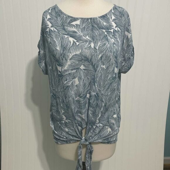 Final Touch Feather Print Tie Front Top T-Shirt Short Sleeves‎ Blue White Small - Picture 4 of 11